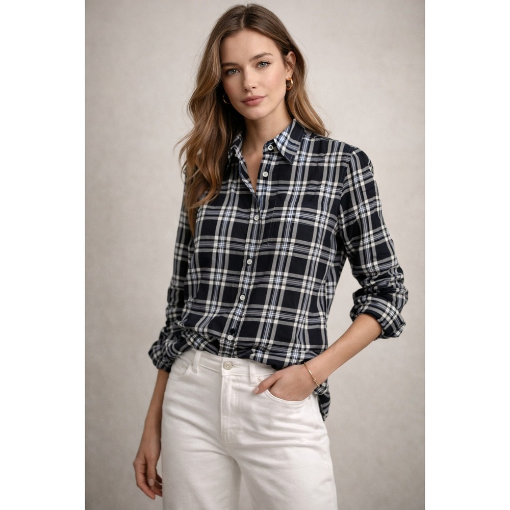 Lauren Ralph Lauren Button Plaid Button Shirt Top‎ Sz XL Roll Tab Black White